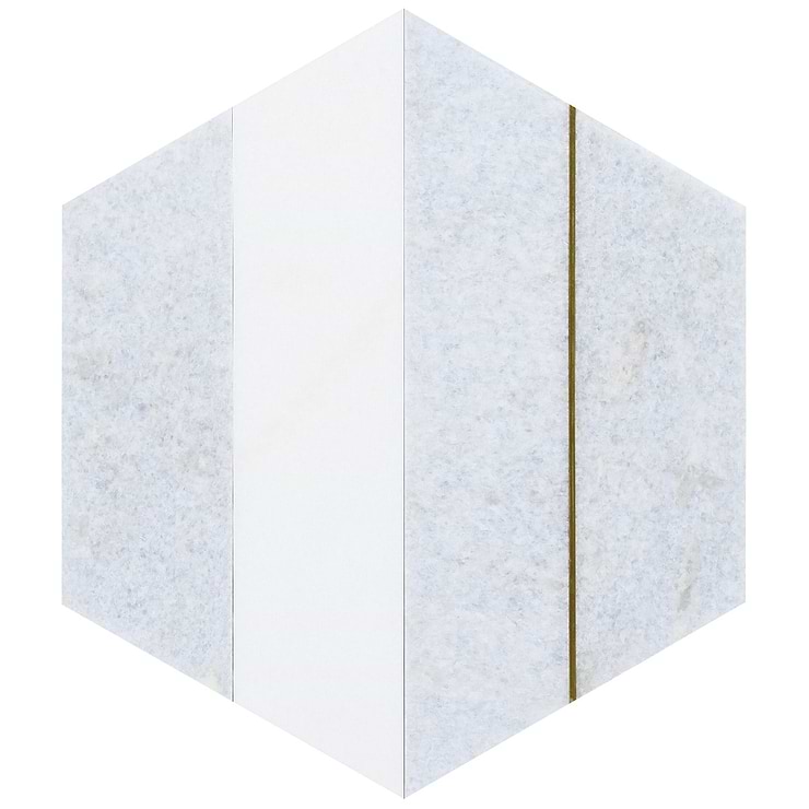 Margo Blue and Gold 9" Hexagon Polished Blue Celeste Marble and Brass Mosaic Tile