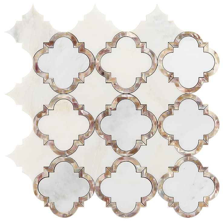 Cassie Chapman Eva White 4" Polished Marble & Mother of Pearl Arabesque Mosaic Tile