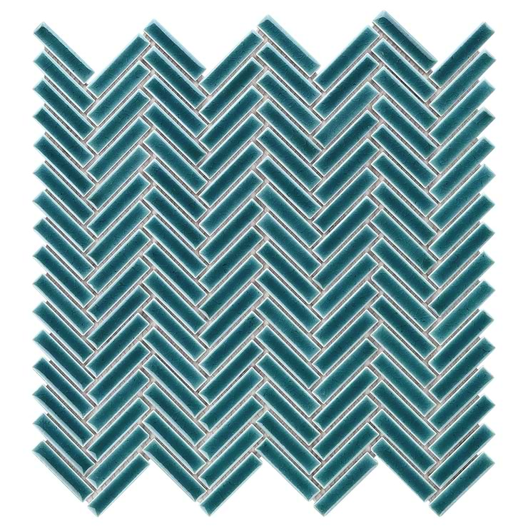 Kai Teal 1x2" Herringbone Crackled Glossy Porcelain Mosaic Tile