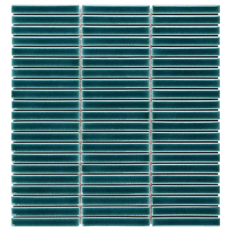 Kai Teal 1x4" Tri-Stacked Crackled Glossy Porcelain Mosaic Tile