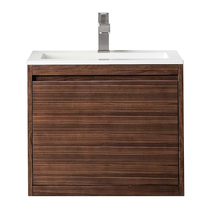 James Martin Vanities Mantova Mid-Century Walnut 24" Floating Vanity with Glossy White Integrated Top