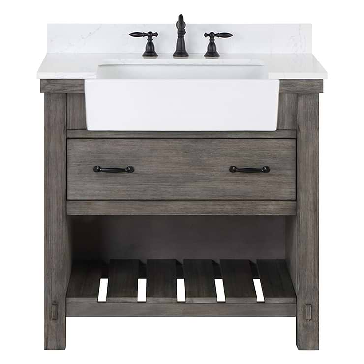 Inwood Gray Oak 36" Single Vanity with White Stone Top and Farmhouse Sink