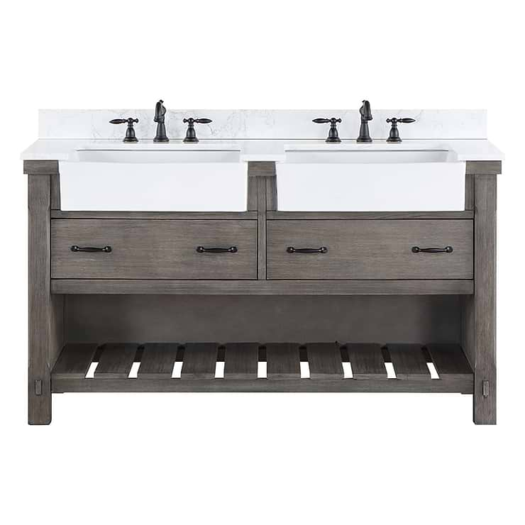 Inwood Gray Oak 60" Double Vanity with White Stone Top and Farmhouse  Sink