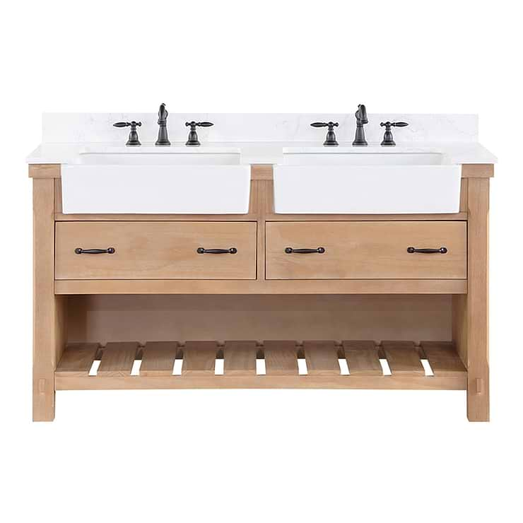 Inwood Blonde Oak 60" Double Vanity with White Stone Top and Farmhouse  Sink