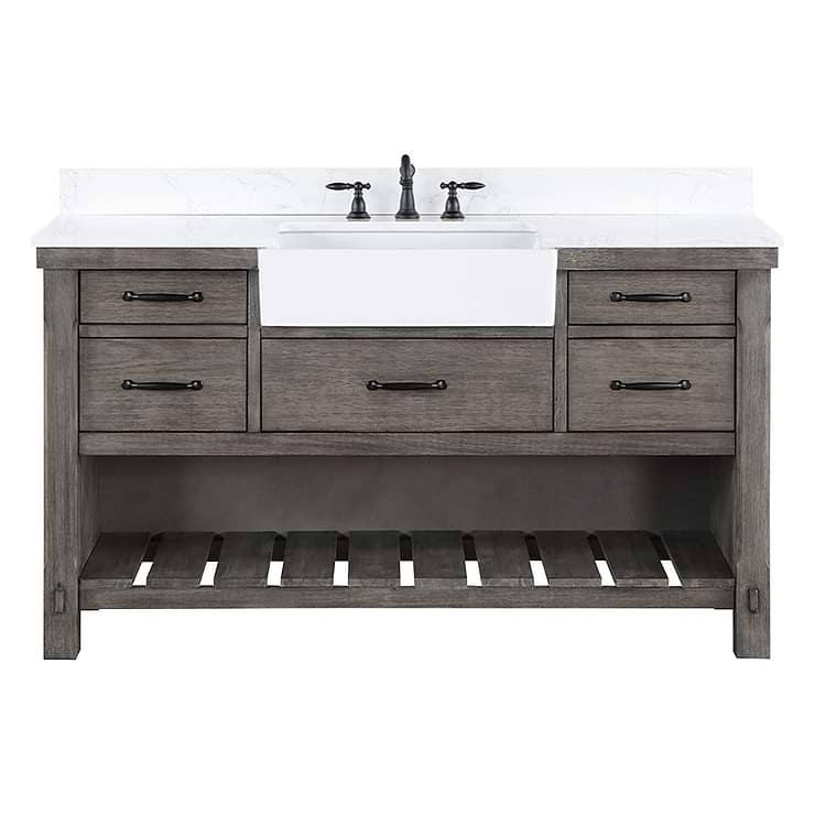 Inwood Gray Oak 60" Single Vanity with White Stone Top and Farmhouse  Sink