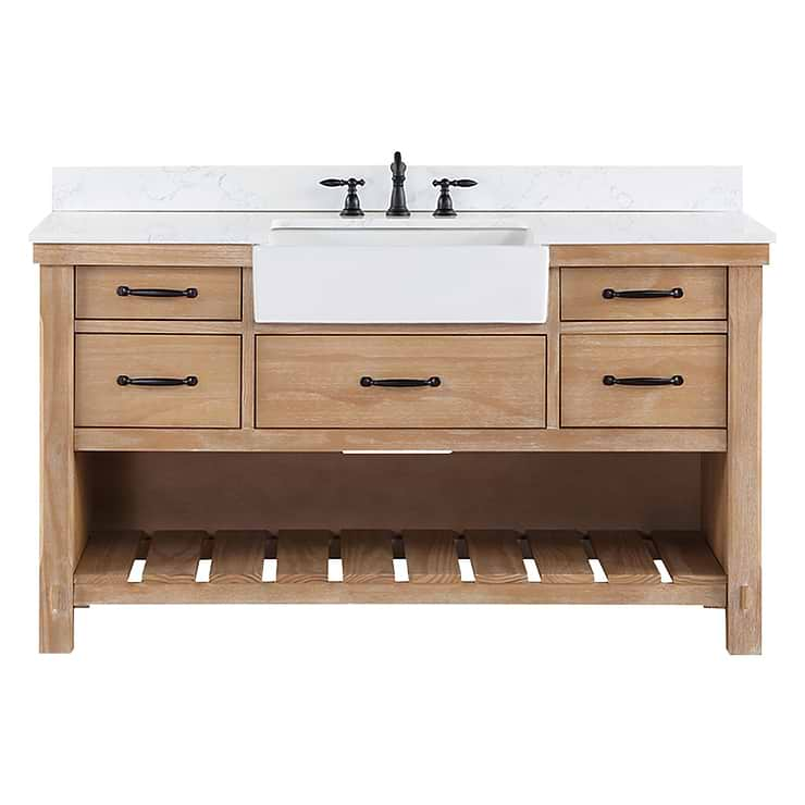 Inwood Blonde Oak 60" Single Vanity with White Stone Top and Farmhouse  Sink