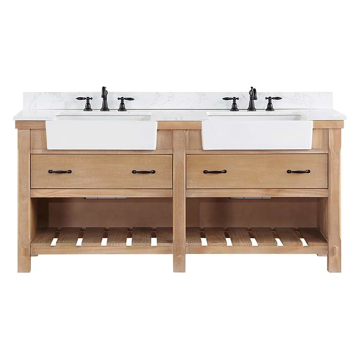 Inwood Blonde Oak 72" Double Vanity with White Stone Top and Farmhouse Sink