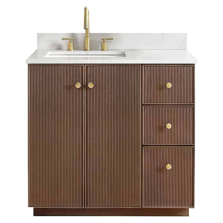 Florencia Brown Oak 36" Single Vanity with Pacific White Quartz Top