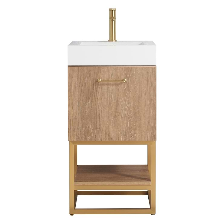 Ithica White Oak 18" Single Vanity and Gold Hardware with White Intergrated Top