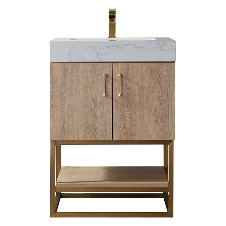 Ithica White Oak 24" Single Vanity and Gold Hardware with Atlantic Stone Top