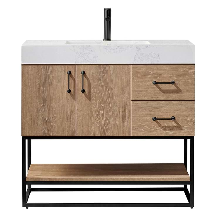 Ithica White Oak 36" Single Vanity and Black Hardware with Atlantic Stone Top