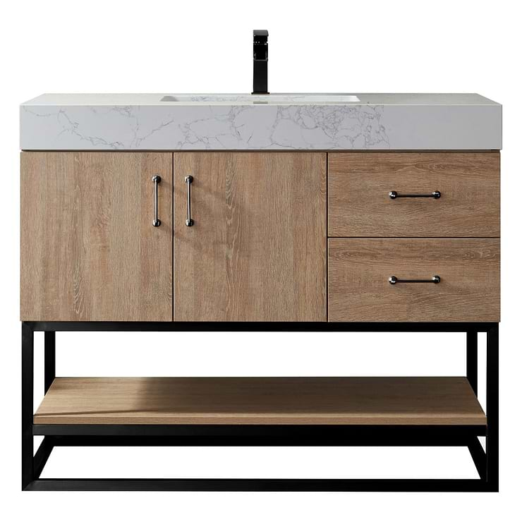 Ithica White Oak 42" Single Vanity and Black Hardware with Atlantic Stone Top