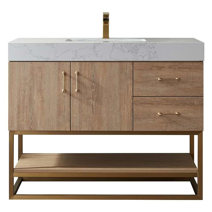 Ithica White Oak 42" Single Vanity and Gold Hardware with Atlantic Stone Top