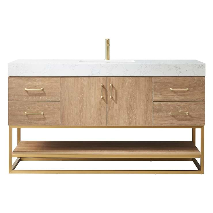 Ithica White Oak 60" Single Vanity and Gold Hardware with Atlantic Stone Top