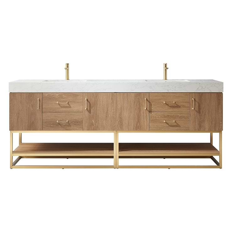 Ithica White Oak 84" Double Vanity and Gold Hardware with Atlantic Stone Top