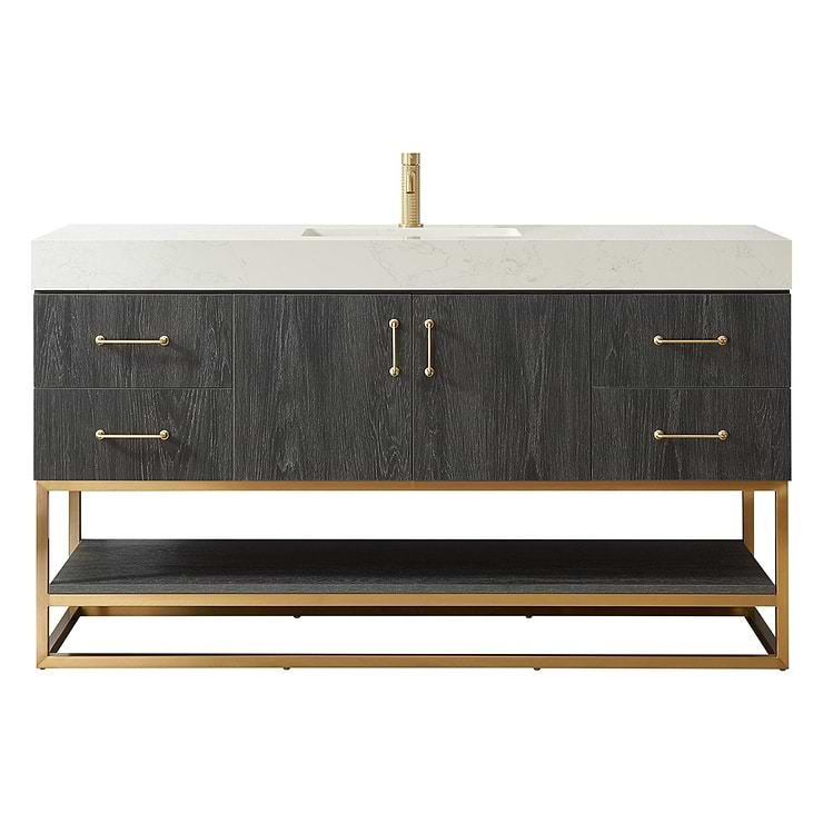 Ithica Black Oak 60" Single Vanity and Gold Hardware with Atlantic Stone Top