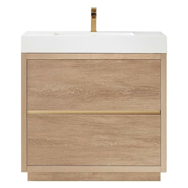 Serrano Blonde Oak 36" Single Freestanding Vanity with White Integrated Top