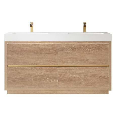 Serrano Blonde Oak 60" Double Freestanding Vanity with White Integrated Top