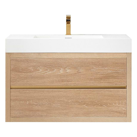 Serrano Blonde Oak 36" Single Floating Vanity with White Integrated Top