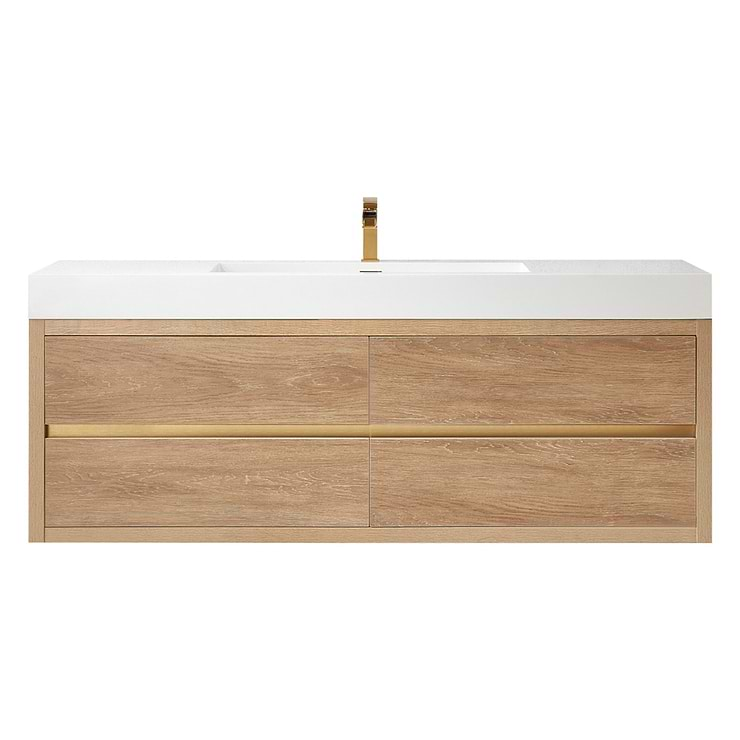 Serrano Blonde Oak 60" Single Floating Vanity with White Integrated Top