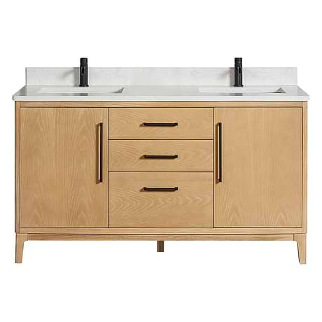 Kaitlin Blonde Oak 60" Double Vanity with White Composite Stone Top