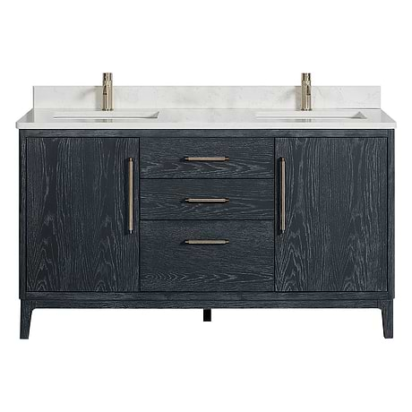 Kaitlin Navy  Oak 60" Double Vanity with White Composite Stone Top