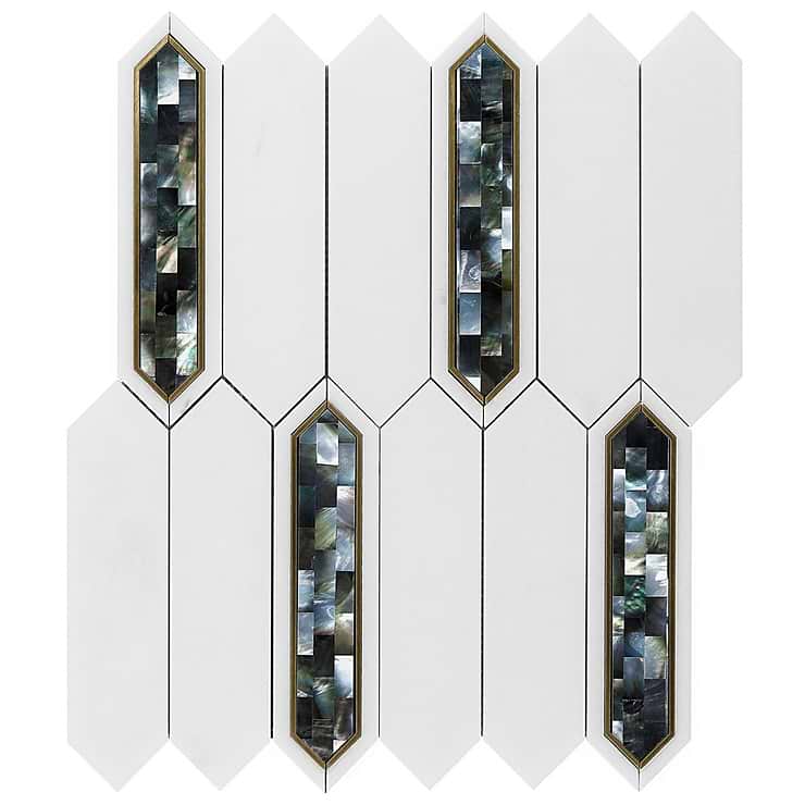 Zeus Black Pearl 2x8 Picket Polished Marble- Pearl and Brass Waterjet Mosaic Tile