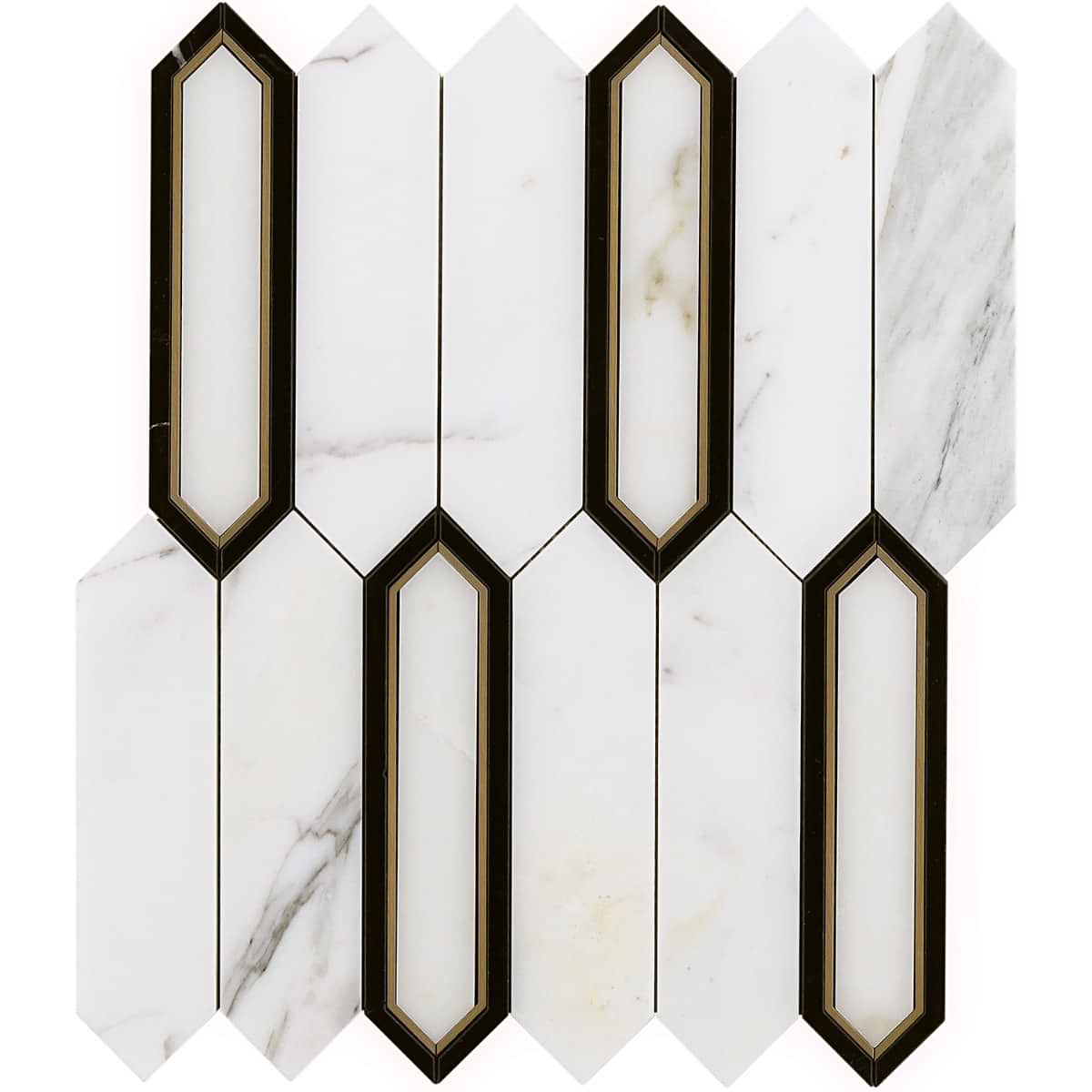 Zeus White Calacatta 2x8 Picket Polished Marble and Brass Waterjet Mosaic Tile