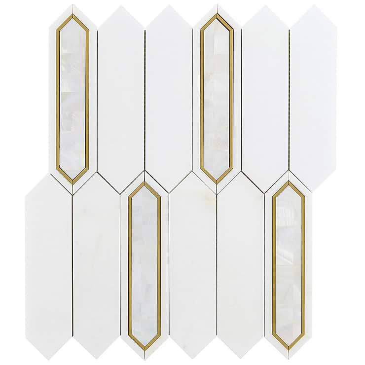 Zeus White Pearl 2x8 Picket Polished Marble- Pearl and Brass Waterjet Mosaic Tile