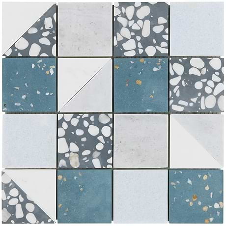 Artem Starling Blue 3x3 Polished and Honed Marble and Terrazzo Mosaic by Elizabeth Sutton