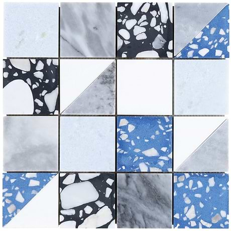 Artem Steller Blue 3x3 Polished and Honed Marble and Terrazzo Mosaic by Elizabeth Sutton