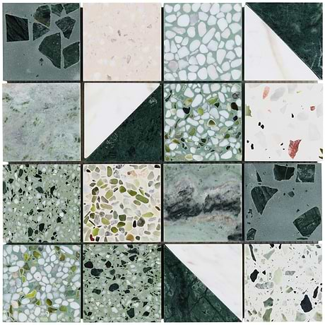 Artem Turaco Green 3x3 Polished and Honed Marble and Terrazzo Mosaic by Elizabeth Sutton