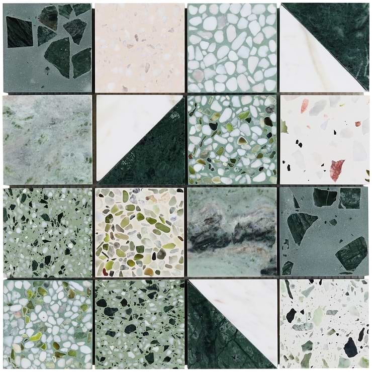 Elizabeth Sutton Artem Turaco Green 3x3 Polished & Honed Marble and Terrazzo Mosaic Tile