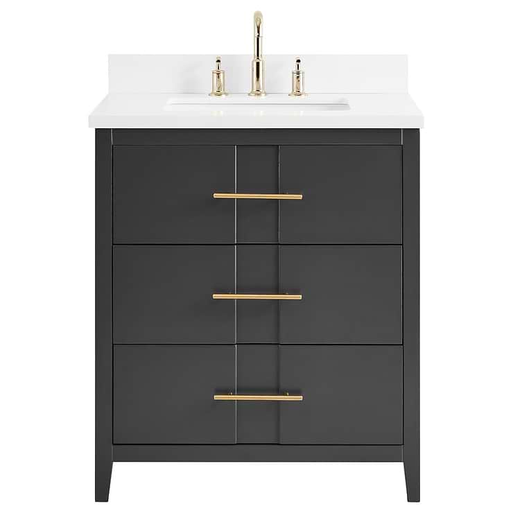 Iconic 30" Charcoal and Gold Vanity with Pure White Quartz Top and Ceramic Basin