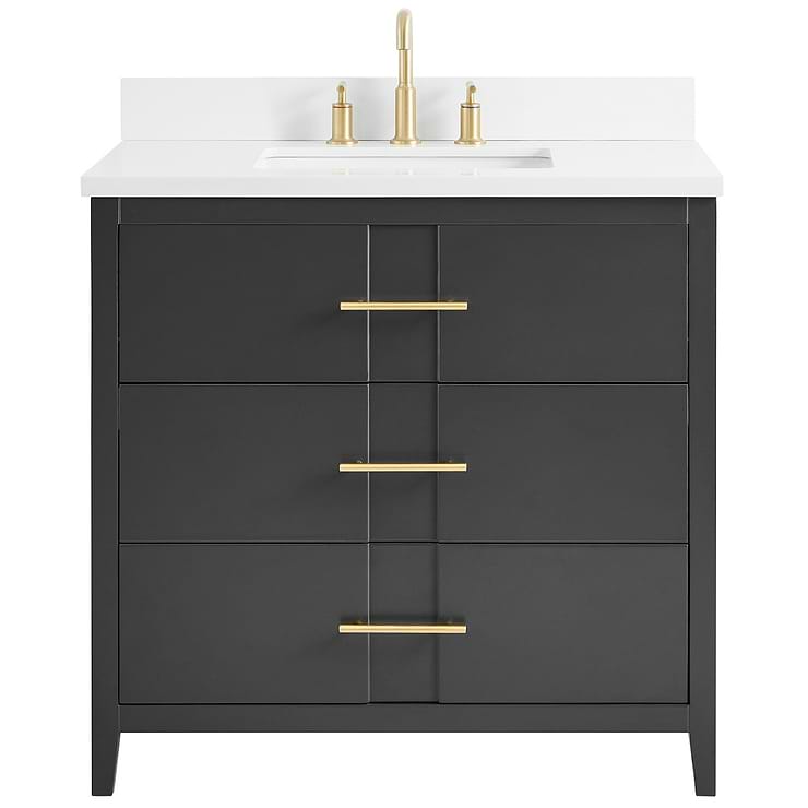 Iconic 36" Black and Gold Vanity with Pure White Quartz Top and Ceramic Basin