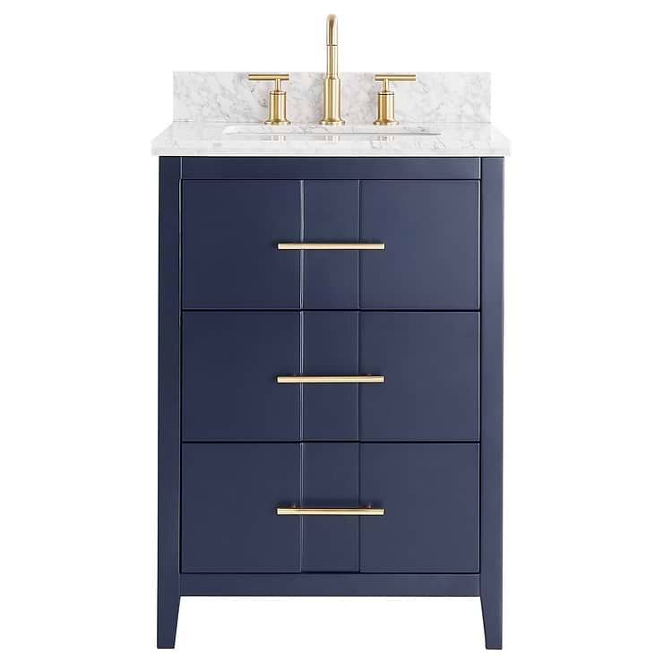 Iconic 24" Navy and Gold Vanity with Carrara Marble Top and Ceramic Basin