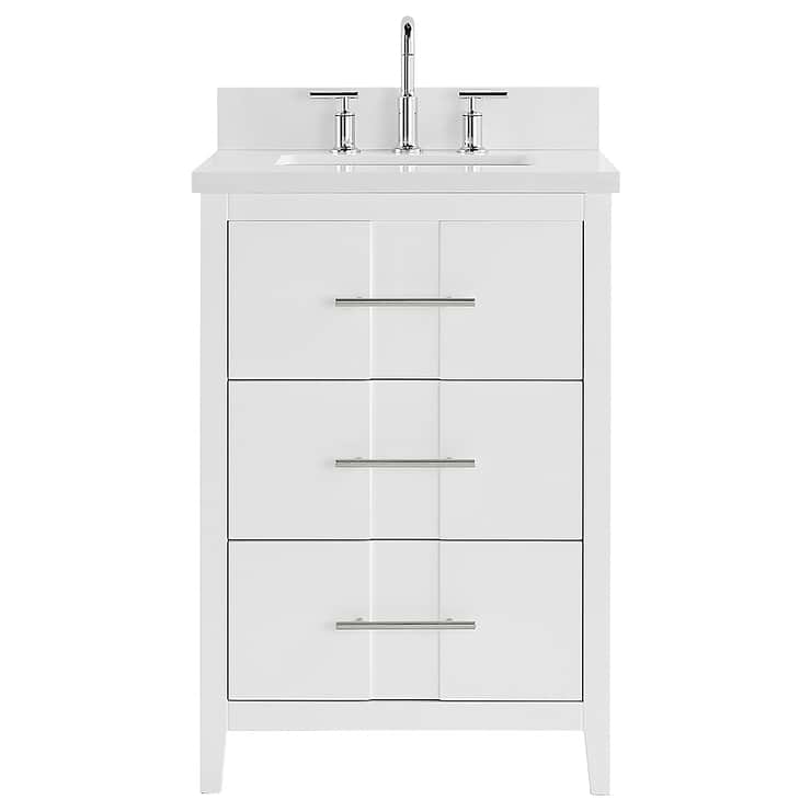 Iconic 24" White and Silver Vanity with Pure White Quartz Top and Ceramic Basin