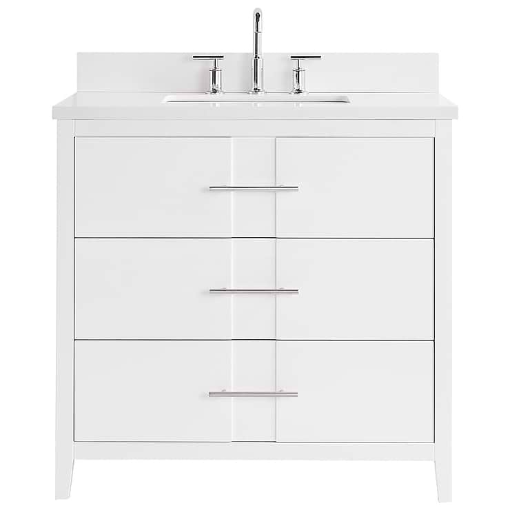 Iconic 36" White and Silver Vanity with Pure White Quartz Top and Ceramic Basin