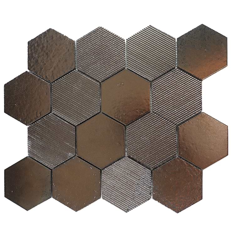 Magma Hexagon Mixed Bronze 3" Polished Lava Stone Mosaic Tile