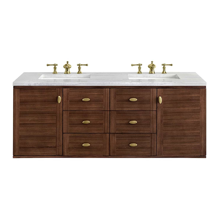 James Martin Vanities Amberly Mid-Century Walnut 60" Double Vanity with Arctic Fall Solid Surface Top