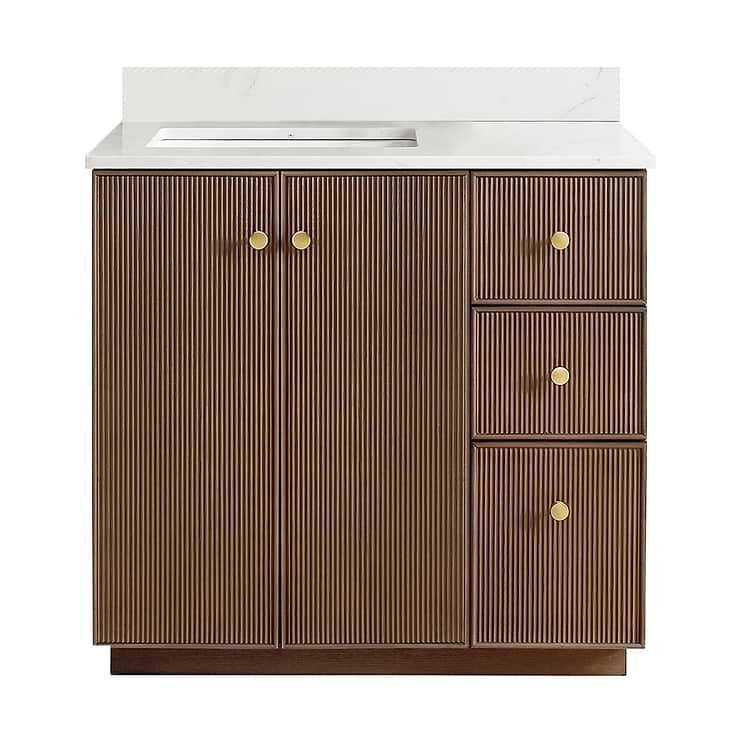 Florencia Brown Oak 36" Single Vanity with Pacific White Quartz Top