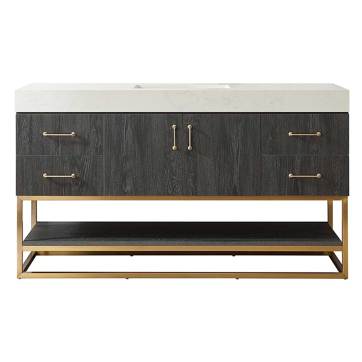 Ithica Black Oak 60" Single Vanity and Gold Hardware with Atlantic Stone Top