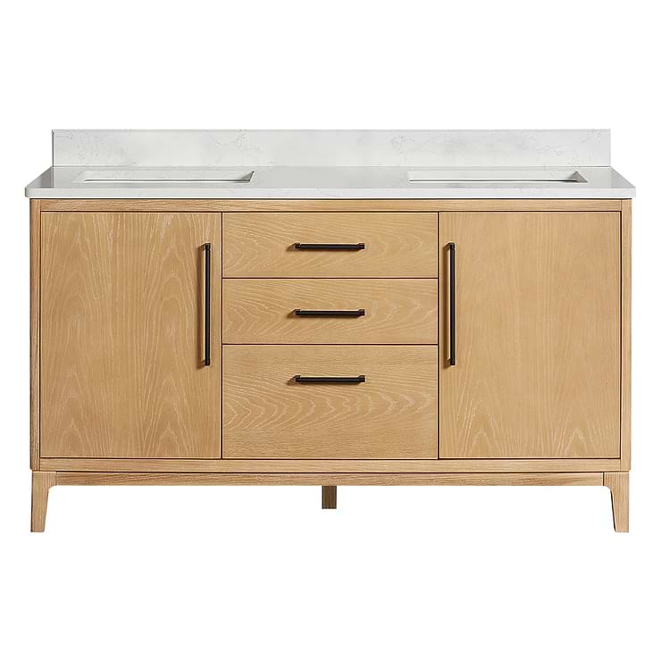 Kaitlin Blonde Oak 60" Double Vanity with White Composite Stone Top