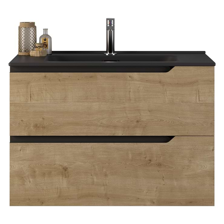 Duo Blonde Wood 32" Single Vanity with Integrated Black Ceramic Top