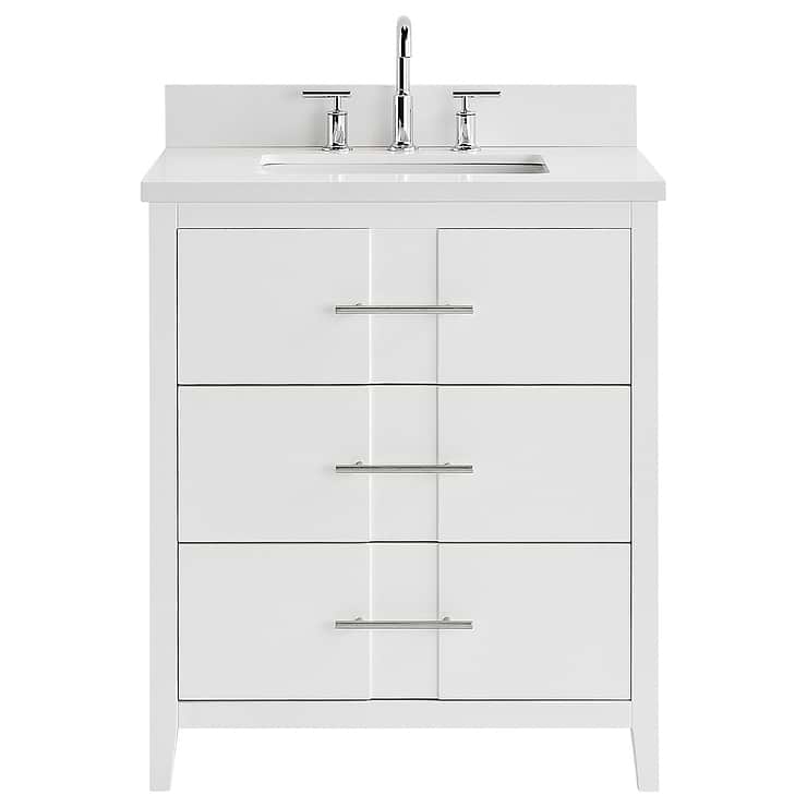 Iconic 30" White and Silver Vanity with Pure White Quartz Top and Ceramic Basin