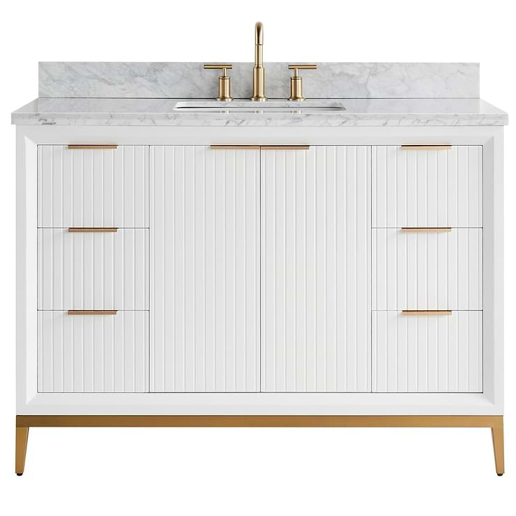 Bungalow White and Gold 48" Single Vanity with Carrara Marble Top