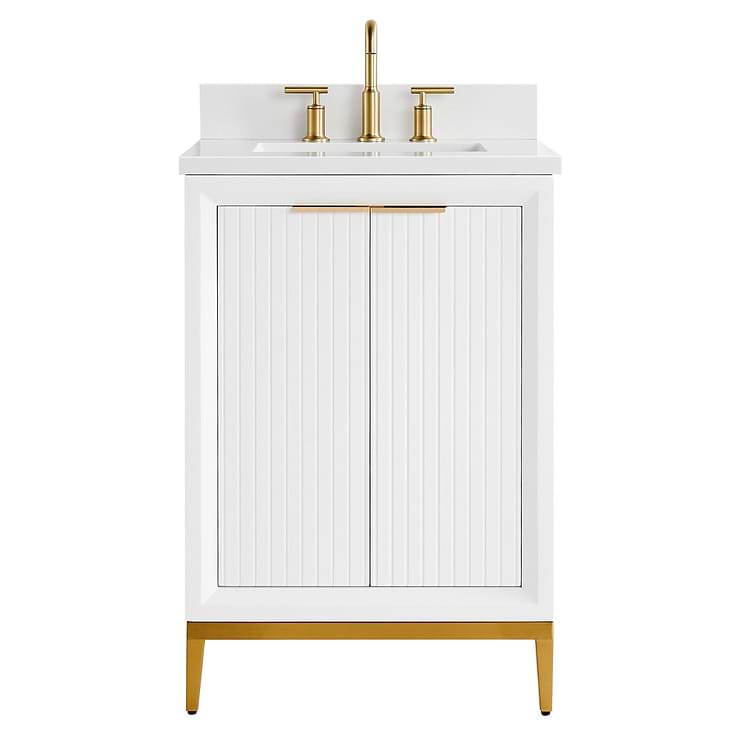 Bungalow White and Gold 24" Single Vanity with Pure White Quartz Top