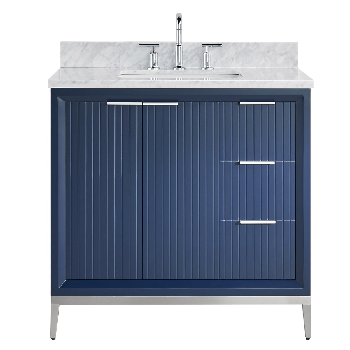 Bungalow Navy and Silver 36" Single Vanity with Carrara Marble Top