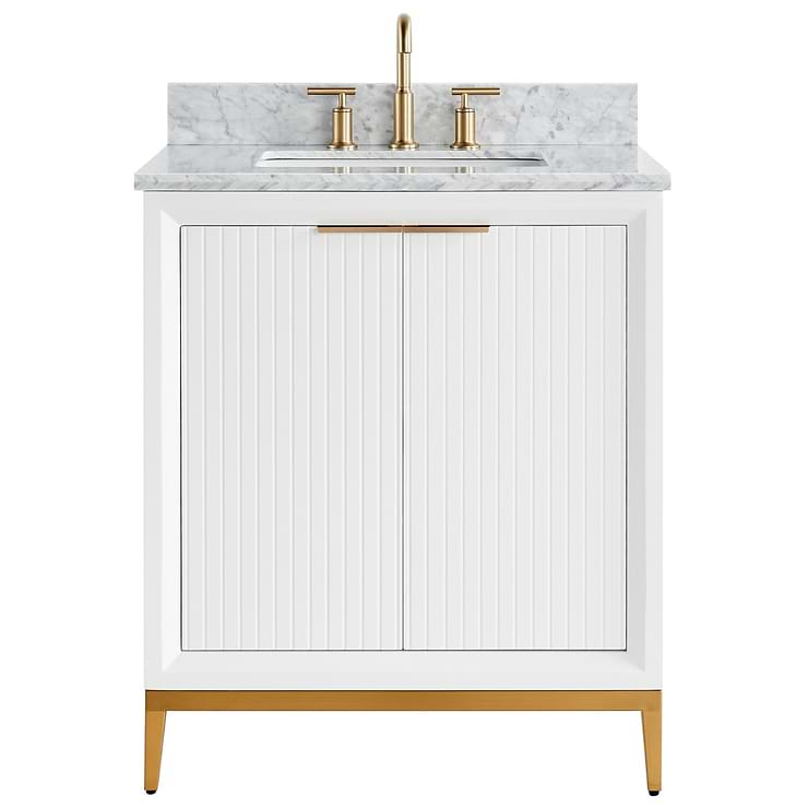 Bungalow White and Gold 30" Single Vanity with Carrara Marble Top