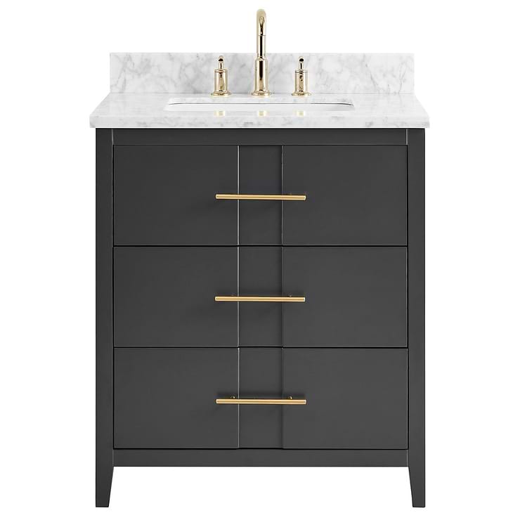 Iconic 30" Black and Gold Vanity with Carrara Marble Top and Ceramic Basin